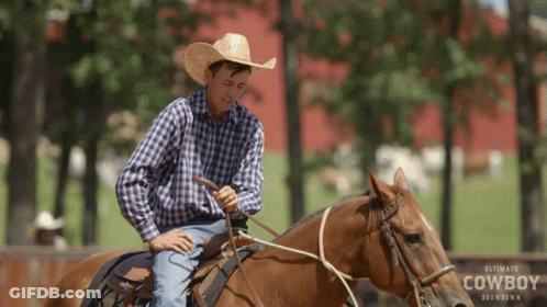 A Man In A Straw Hat Is Riding A Brown Horse With The Words Ultimate Cowboy On The Bottom GIF