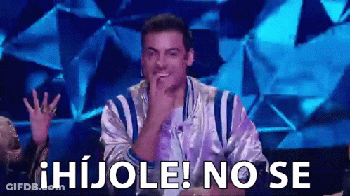A Man In A Striped Jacket Is Sitting In Front Of A Blue Background With The Words Hijole No Se Written On It . GIF