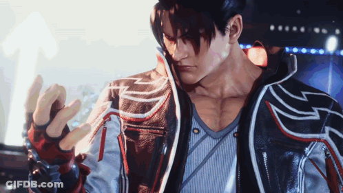 A Man In A Striped Shirt And A Leather Jacket Holds A Sword GIF