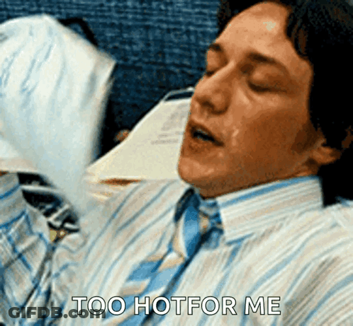 A Man In A Striped Shirt And Tie Is Saying Too Hotfor Me GIF