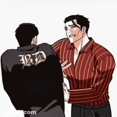A Man In A Striped Shirt Has The Letter B On The Back Of His Jacket . GIF