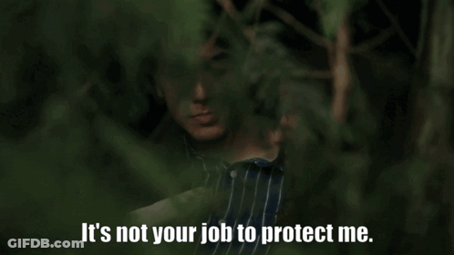 A Man In A Striped Shirt Is Behind A Tree And Says It 'S Not Your Job To Protect Me . GIF