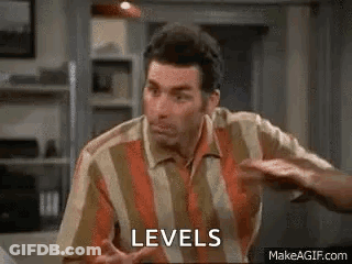 A Man In A Striped Shirt Is Sitting At A Table With His Hands Up And Says `` Levels '' . GIF