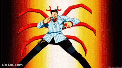 A Man In A Striped Shirt Is Standing In Front Of A Giant Crab With Red Arms GIF
