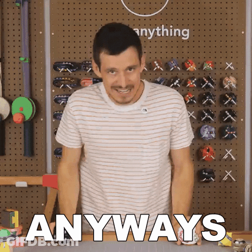 A Man In A Striped Shirt Is Standing In Front Of A Wall That Says Anyways GIF