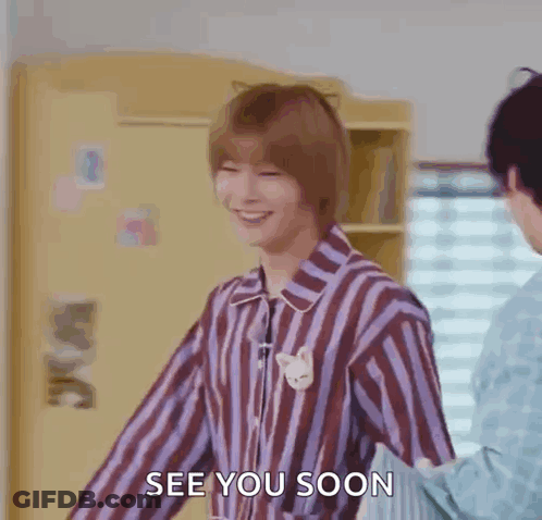 A Man In A Striped Shirt Is Standing Next To Another Man In A Room And Says `` See You Soon '' . GIF
