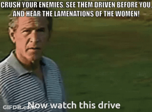 A Man In A Striped Shirt Is Standing On A Golf Course With A Caption That Says Crush Your Enemies See Them Driven Before GIF