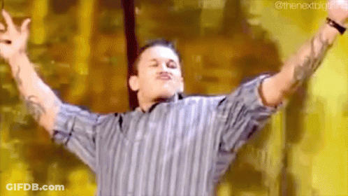 A Man In A Striped Shirt Is Standing With His Arms Outstretched On A Stage . GIF