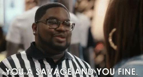A Man In A Striped Shirt Is Talking To A Woman And Saying `` You A Savage And You Fine '' . GIF