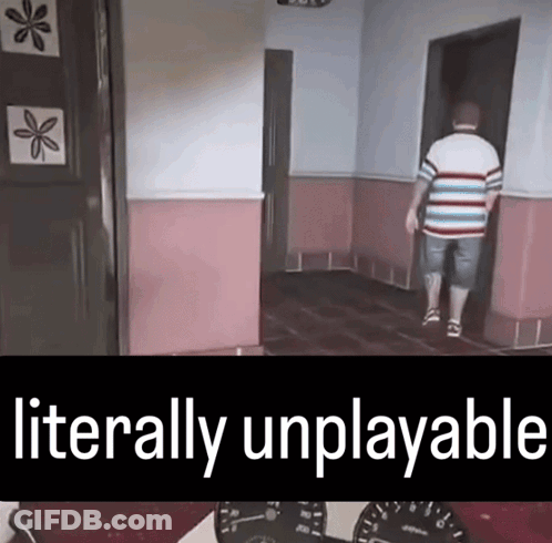 A Man In A Striped Shirt Is Walking Through A Hallway With The Words Literally Unplayable Below Him GIF