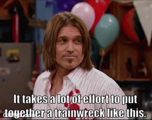 A Man In A Striped Shirt Says " It Takes A Lot Of Effort To Put Together A Trainwreck Like This " GIF