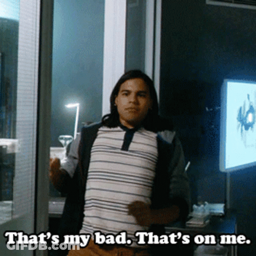 A Man In A Striped Shirt Says That 'S My Bad And That 'S On Me GIF
