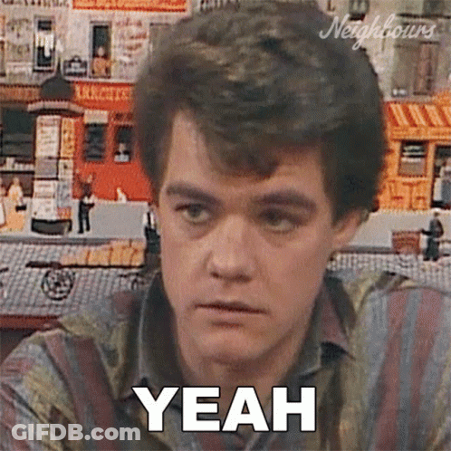 A Man In A Striped Shirt Says Yeah In Front Of A Collage Of Buildings GIF