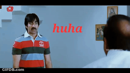 A Man In A Striped Shirt Stands In Front Of Another Man With The Word Huha Written In Red GIF