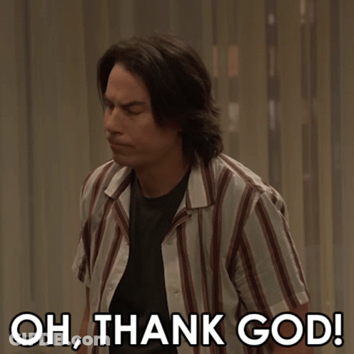A Man In A Striped Shirt With The Words Oh Thank God Below Him GIF