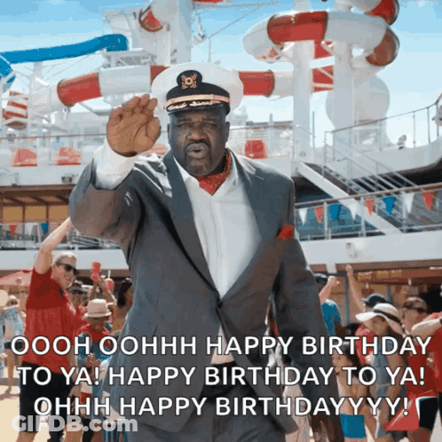 A Man In A Suit And A Captain 'S Hat Says " Ooh Ohhhh Happy Birthday To Ya Happy Birthday To Ya " GIF