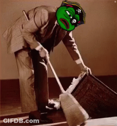 A Man In A Suit And A Pirate Hat Is Sweeping The Floor . GIF