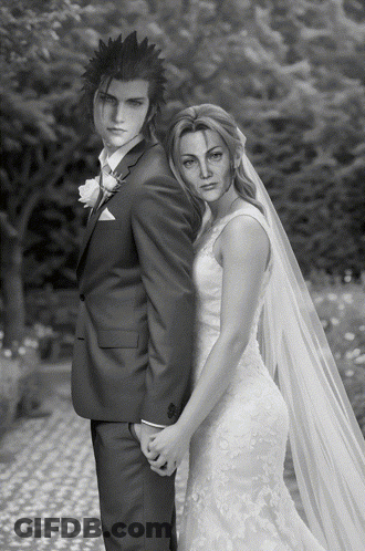 A Man In A Suit And A Woman In A Wedding Dress Are Posing For A Picture GIF