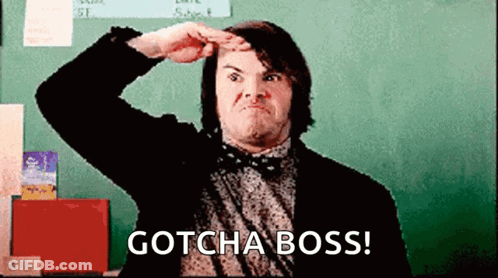 A Man In A Suit And Bow Tie Is Saluting In Front Of A Blackboard And Says Gotcha Boss ! GIF