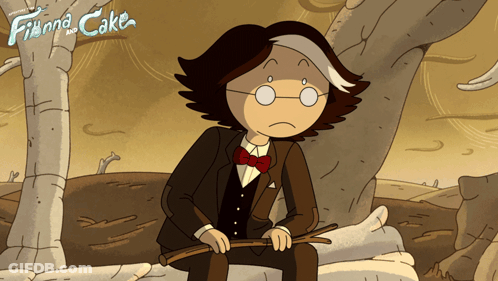 A Man In A Suit And Bow Tie Is Sitting On A Rock With Finna And Cake Written On The Bottom GIF