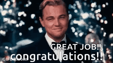 A Man In A Suit And Bow Tie Is Smiling And Saying `` Great Job Congratulations ! '' GIF