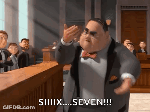 A Man In A Suit And Bow Tie Is Standing In A Courtroom And Saying " Siiiix Seven " . GIF