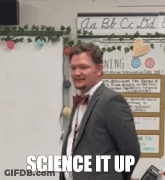 A Man In A Suit And Bow Tie Is Standing In Front Of A Whiteboard And Says `` Science It Up '' . GIF