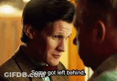 A Man In A Suit And Bow Tie Is Talking To Another Man Who Says Some Got Left Behind GIF