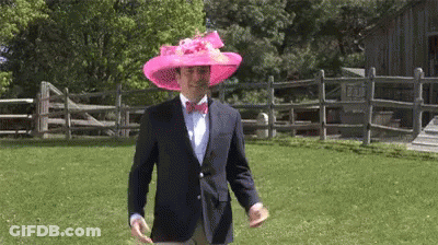 A Man In A Suit And Bow Tie Is Wearing A Pink Hat And Holding A Frisbee . GIF