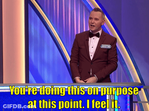 A Man In A Suit And Bow Tie Says " You 'Re Doing This On Purpose At This Point . I Feel It . " GIF