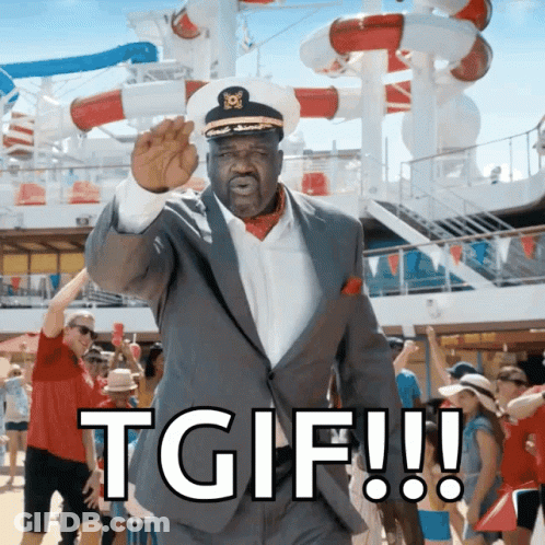 A Man In A Suit And Captain 'S Hat Says Tgif On A Cruise Ship GIF
