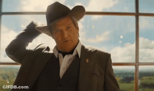 A Man In A Suit And Cowboy Hat Stands In Front Of A Window With His Hand On His Head GIF