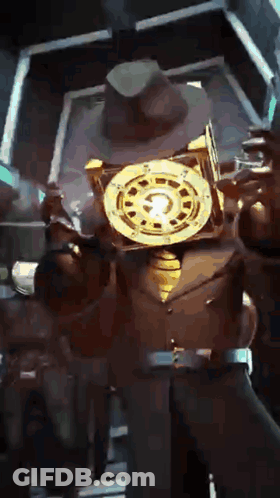 A Man In A Suit And Hat Is Holding A Clock On His Head . GIF