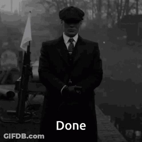A Man In A Suit And Hat Is Standing In A Black And White Photo With The Word Done On The Bottom . GIF