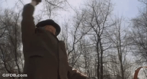 A Man In A Suit And Hat Is Standing In A Park With His Arms In The Air GIF