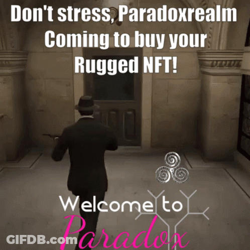 A Man In A Suit And Hat Is Standing In Front Of A Door With The Words Welcome To Paradox GIF