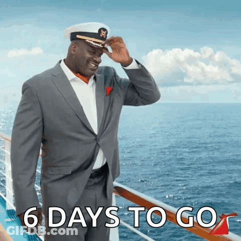 A Man In A Suit And Hat Is Standing On A Boat With The Words 6 Days To Go Below Him GIF
