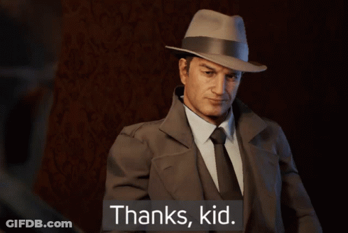 A Man In A Suit And Hat Says " Thanks, Kid " GIF