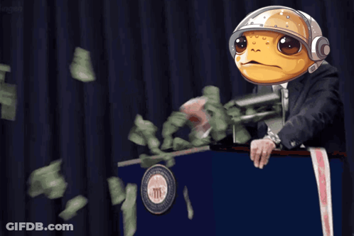 A Man In A Suit And Helmet Stands At A Podium With Money Falling From The Sky GIF