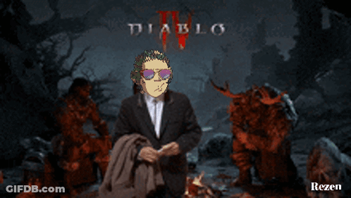 A Man In A Suit And Sunglasses Is Standing In Front Of A Poster For Diablo Iv GIF