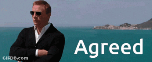A Man In A Suit And Sunglasses Is Standing In Front Of The Ocean And The Word Agreed Is On The Bottom GIF