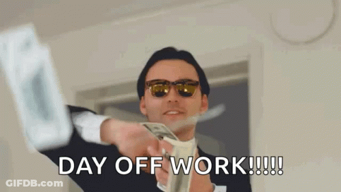 A Man In A Suit And Sunglasses Is Throwing Money In The Air And Saying `` Day Off Work '' . GIF