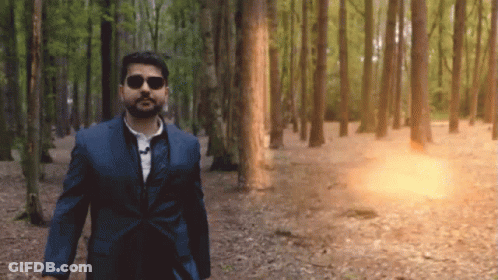 A Man In A Suit And Sunglasses Walks Through The Woods GIF
