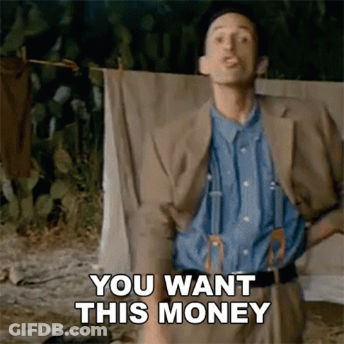 A Man In A Suit And Suspenders Is Dancing And Saying You Want This Money GIF