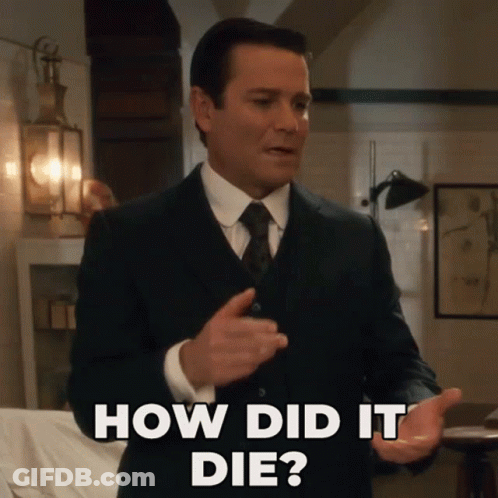 A Man In A Suit And Tie Asks How Did It Die GIF
