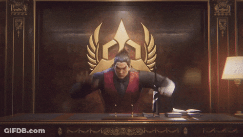A Man In A Suit And Tie Has A Badge On His Chest That Says ' Samurai ' GIF