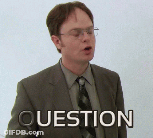 A Man In A Suit And Tie Has The Word Question Written On His Chest GIF