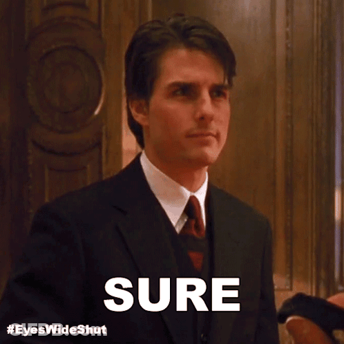 A Man In A Suit And Tie Has The Word Sure Written On His Face GIF