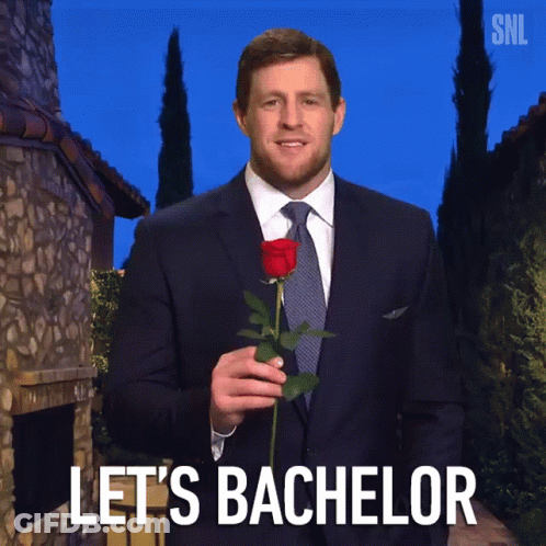 A Man In A Suit And Tie Holding A Rose With The Words Let 'S Bachelor Written Below Him GIF