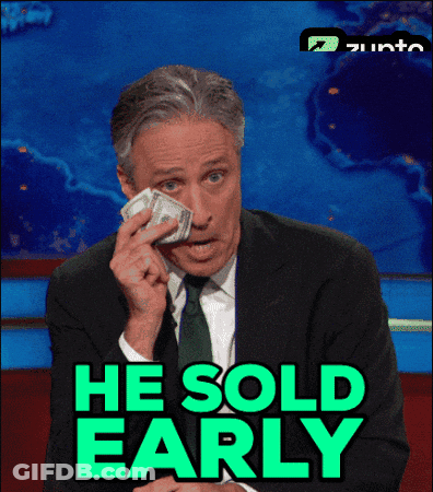 A Man In A Suit And Tie Holds A Pile Of Money In Front Of A Sign That Says " He Sold Early " GIF